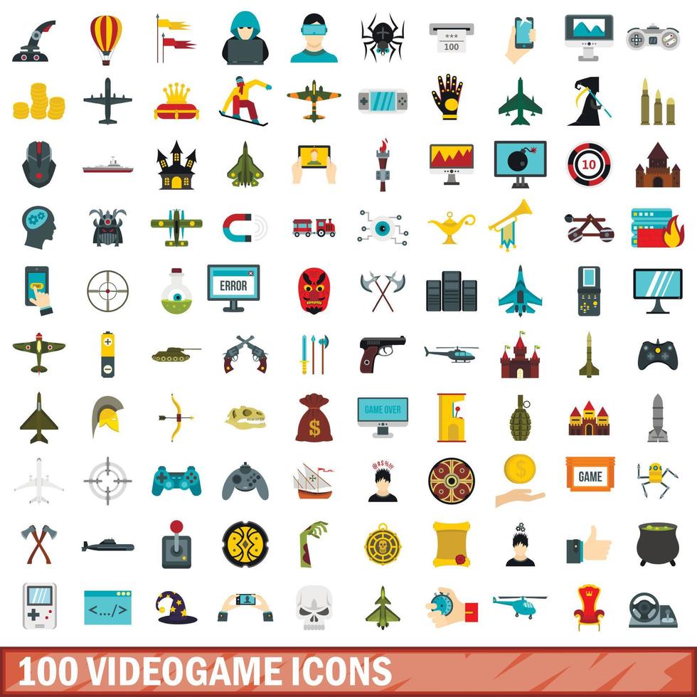 Ensemble de 100 icônes de jeux vidéo, style plat vecteur
