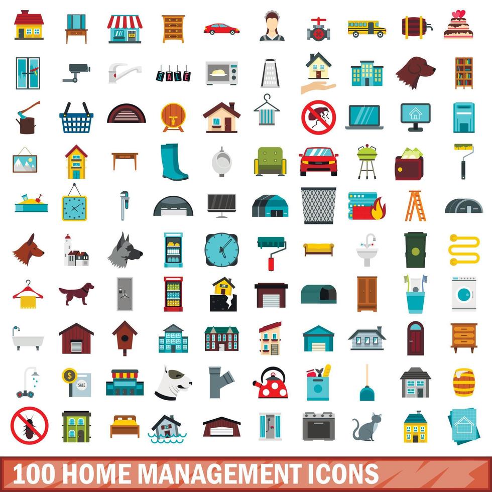 Ensemble de 100 icônes de gestion de la maison, style plat vecteur