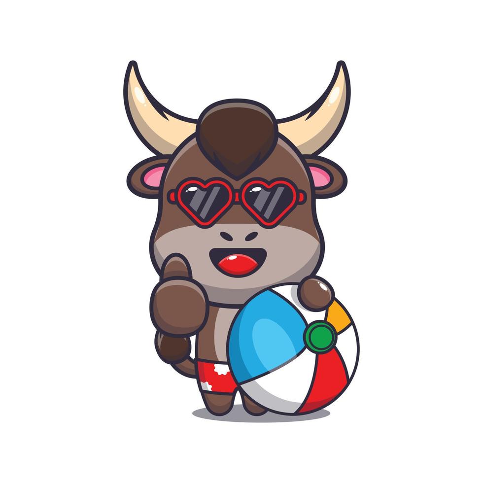 personnage de mascotte de dessin animé mignon taureau avec ballon de plage vecteur