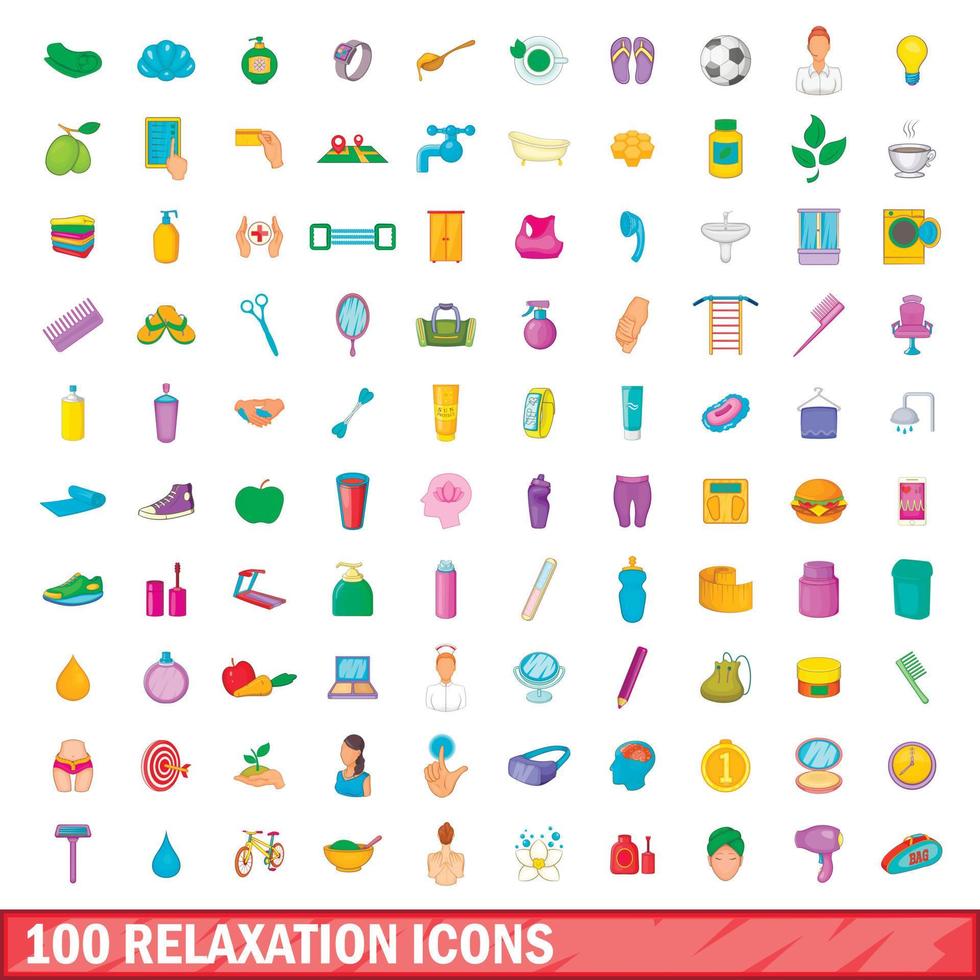 Ensemble de 100 icônes de relaxation, style dessin animé vecteur