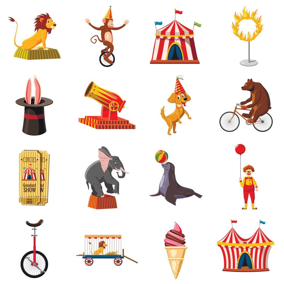 jeu d'icônes de symboles de cirque, style cartoon vecteur