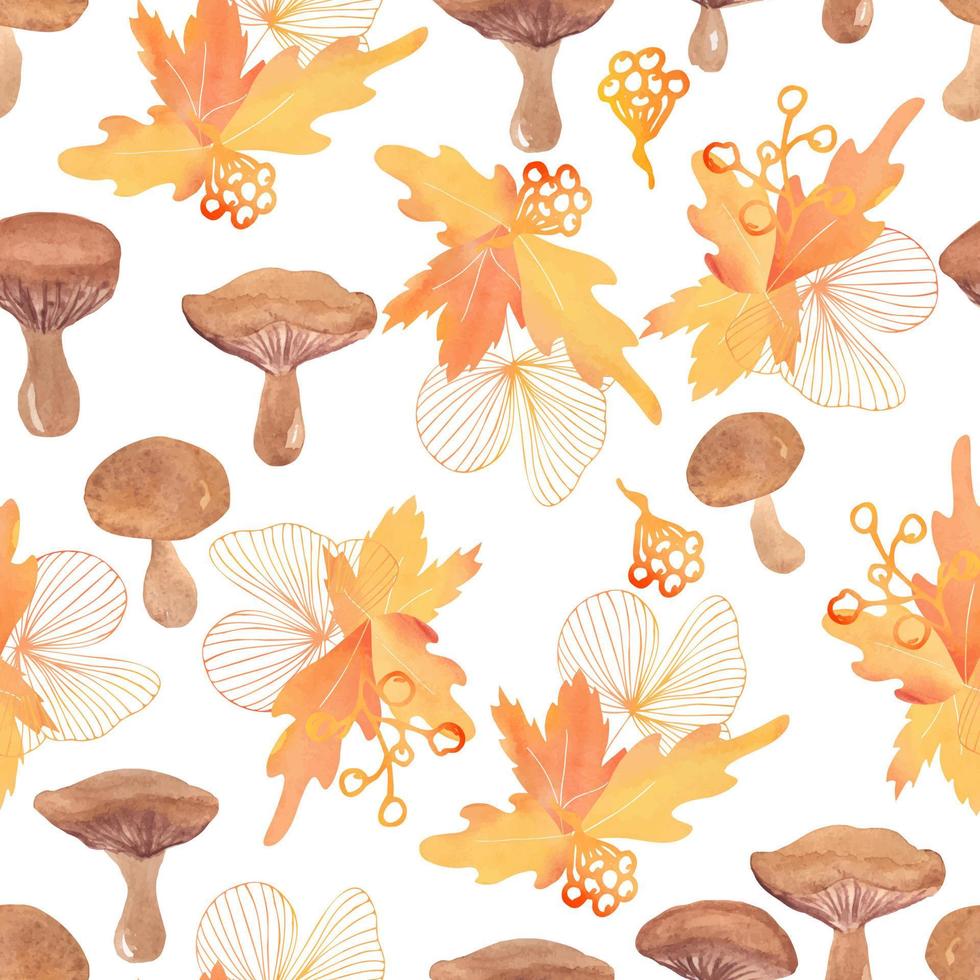 champignons aquarelles et feuilles d'automne modèle sans couture de vecteur