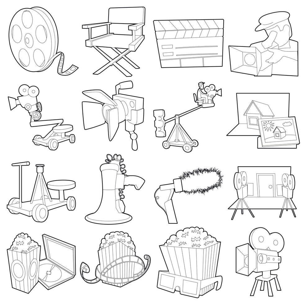 jeu d'icônes de symboles de cinéma de film, style de contour vecteur