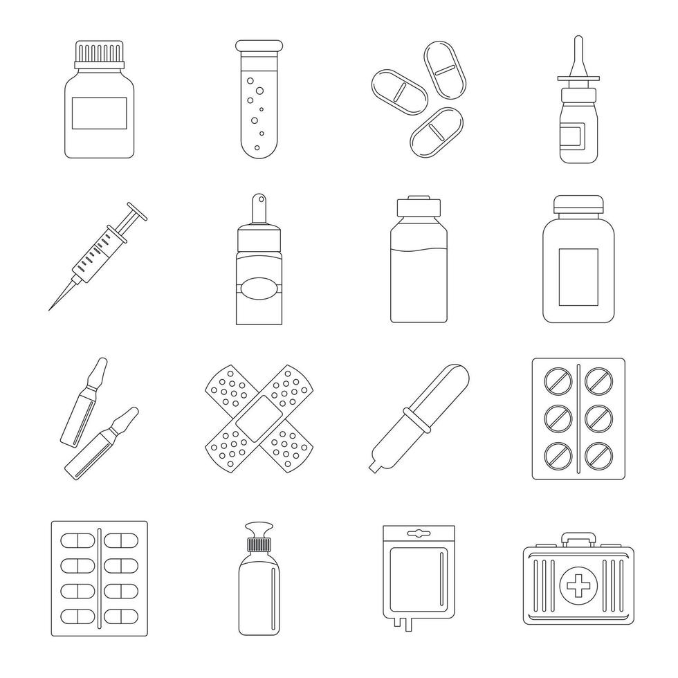 ensemble d'icônes de médicaments différents, style de contour vecteur