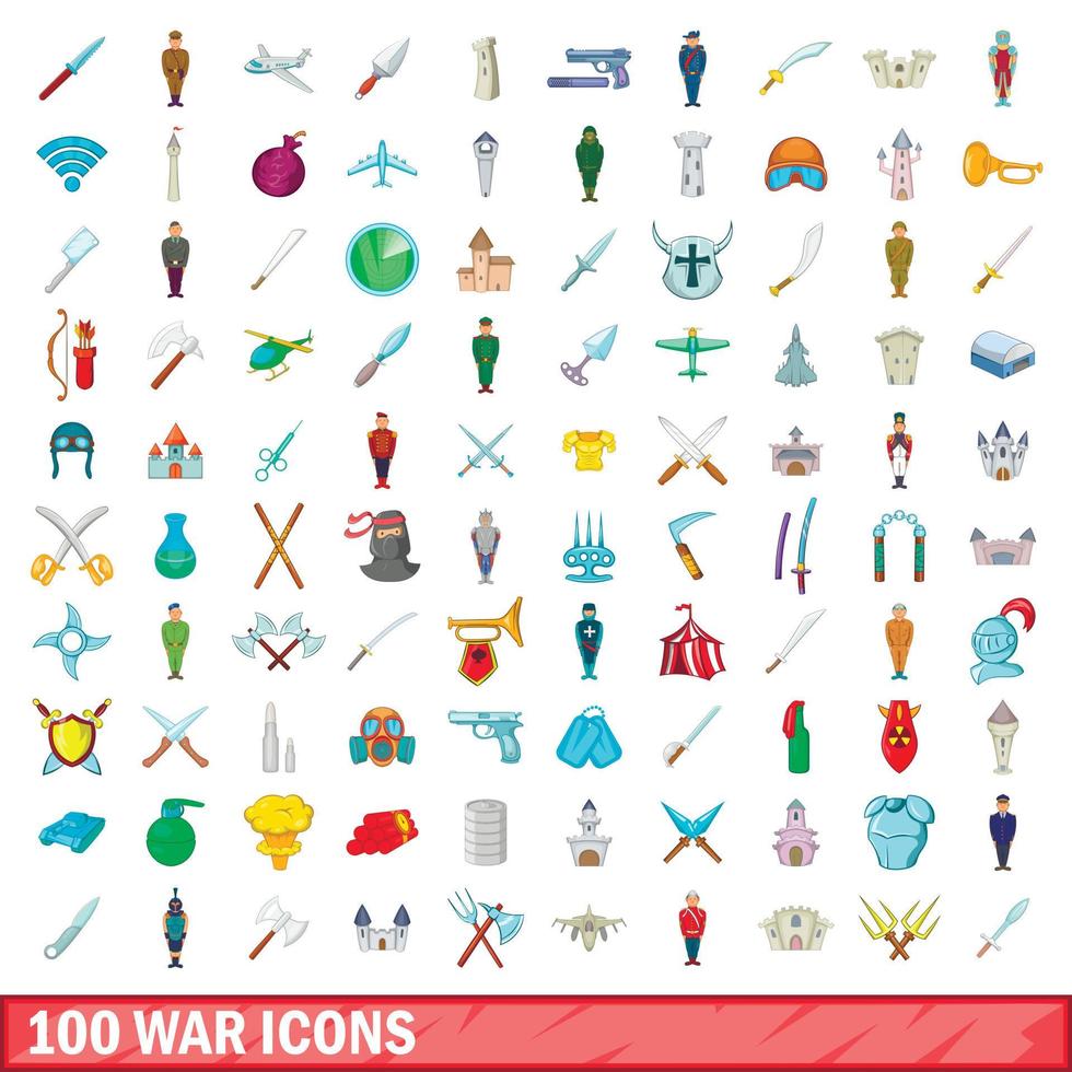 Jeu de 100 icônes de guerre, style cartoon vecteur