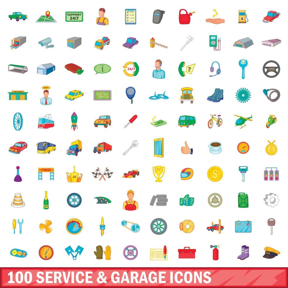 Ensemble de 100 icônes de service et de garage, style dessin animé vecteur