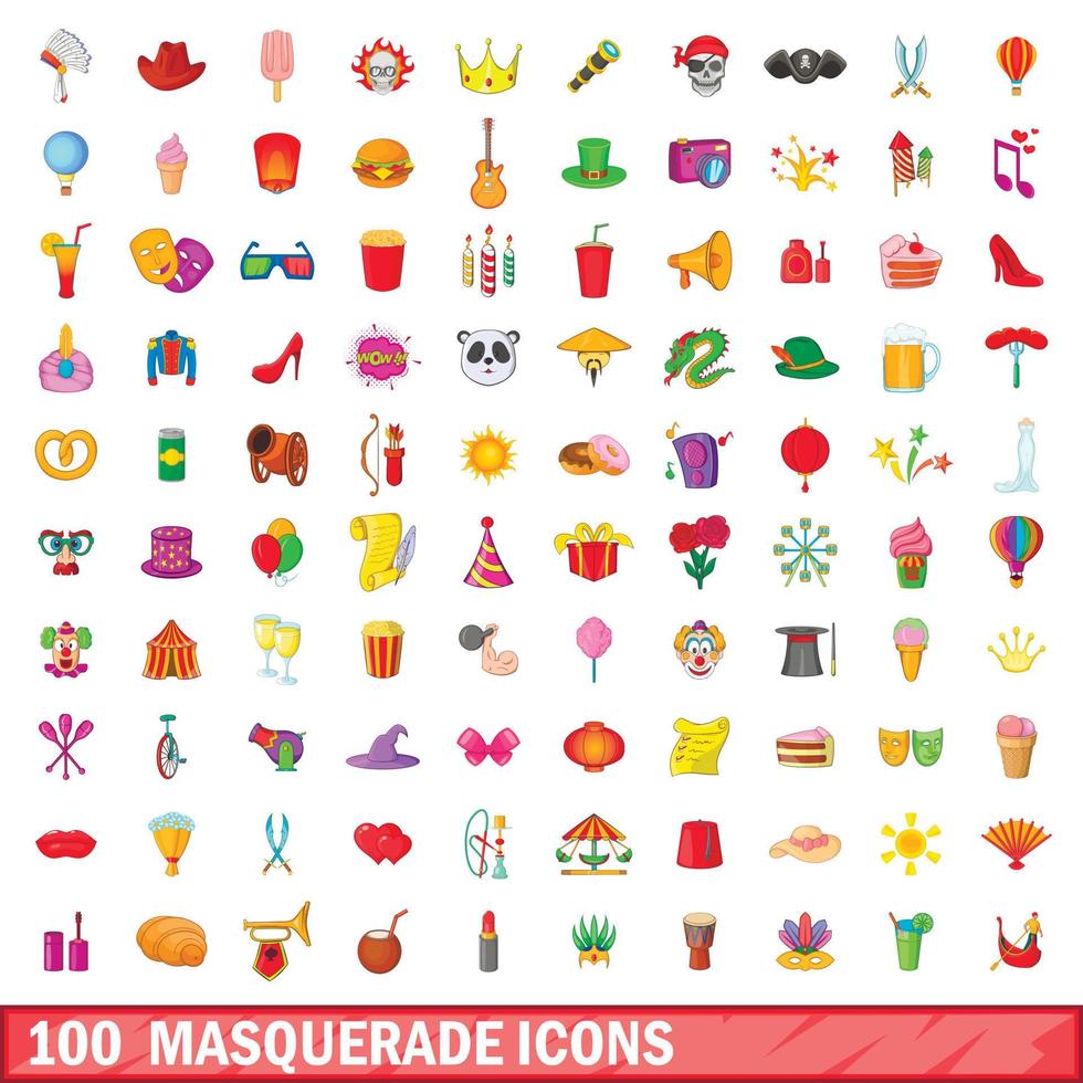 Ensemble de 100 icônes de mascarade, style dessin animé vecteur