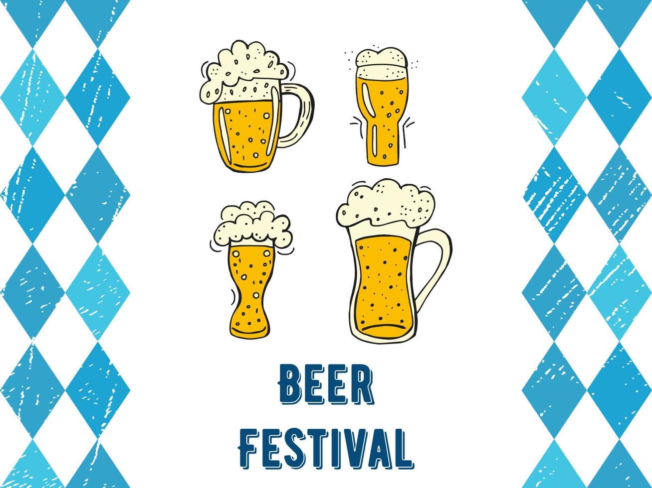 oktoberfest 2022 - fête de la bière. ensemble d'éléments de doodle dessinés à la main. fête traditionnelle allemande. chopes à bière en verre coloré avec lettrage et losanges bleus sur fond blanc. vecteur