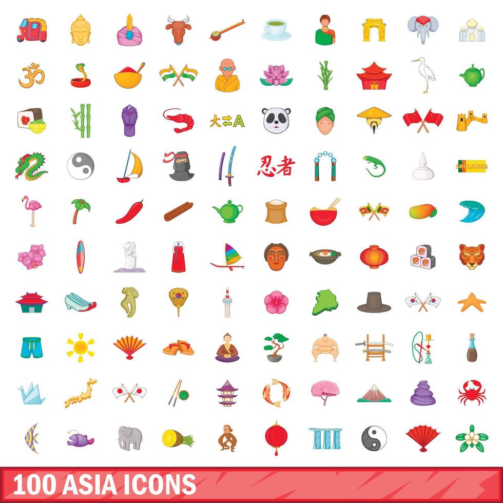 Ensemble de 100 icônes d'asie, style dessin animé vecteur