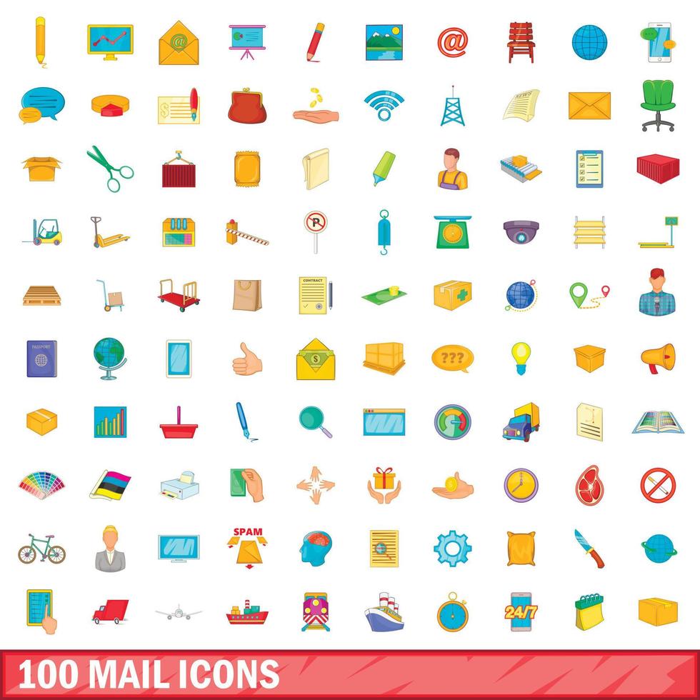 Ensemble de 100 icônes de courrier, style dessin animé vecteur