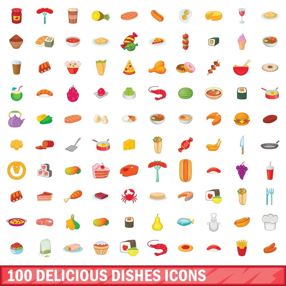 Ensemble de 100 icônes de plats délicieux, style dessin animé vecteur