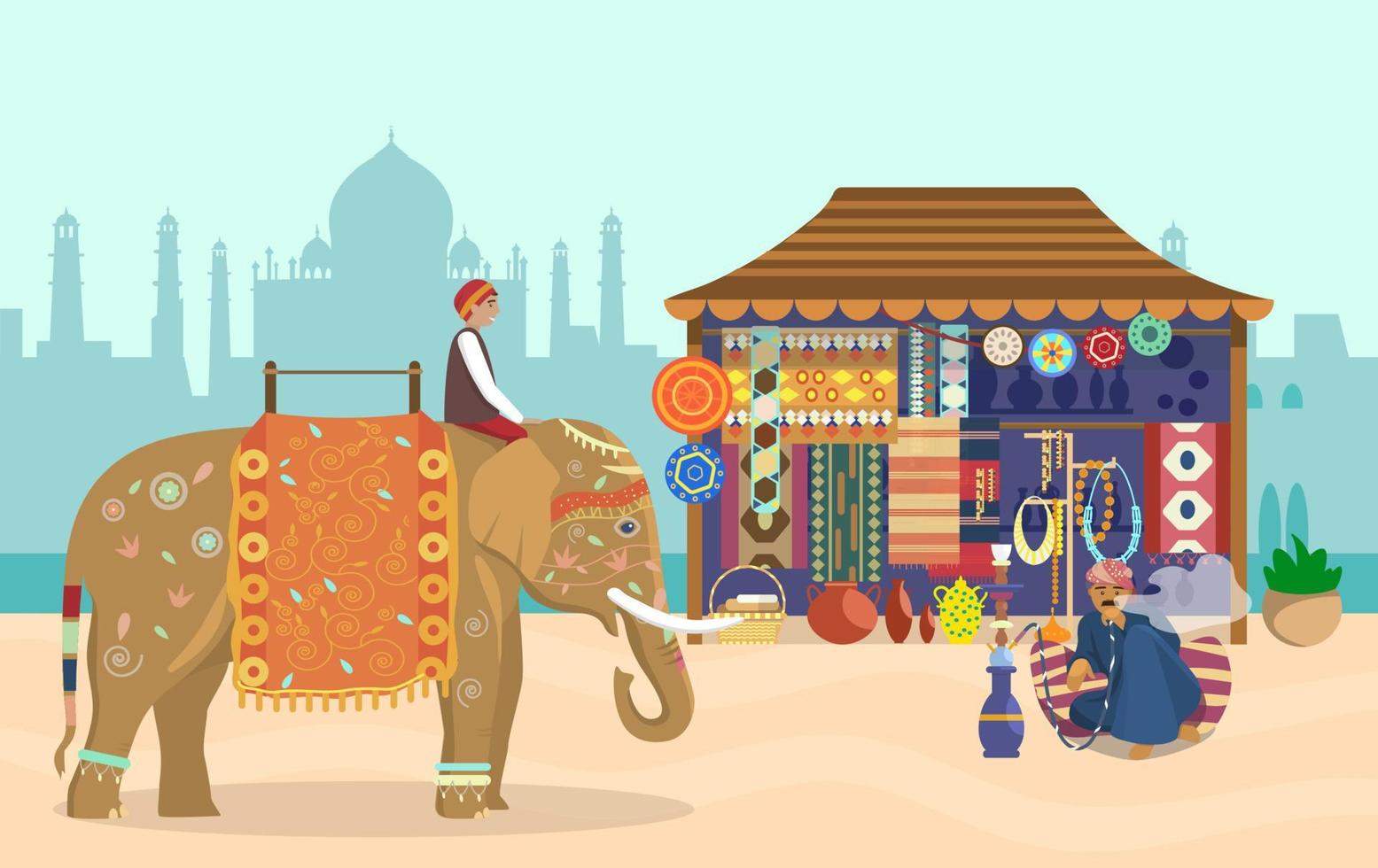 illustration vectorielle de la vie indienne. cavalier d'éléphant sur éléphant décoré, silhouette taj mahal, boutique de souvenirs, poterie, tapis, tissus, bijoux, homme fumant le narguilé assis sur un oreiller. vecteur