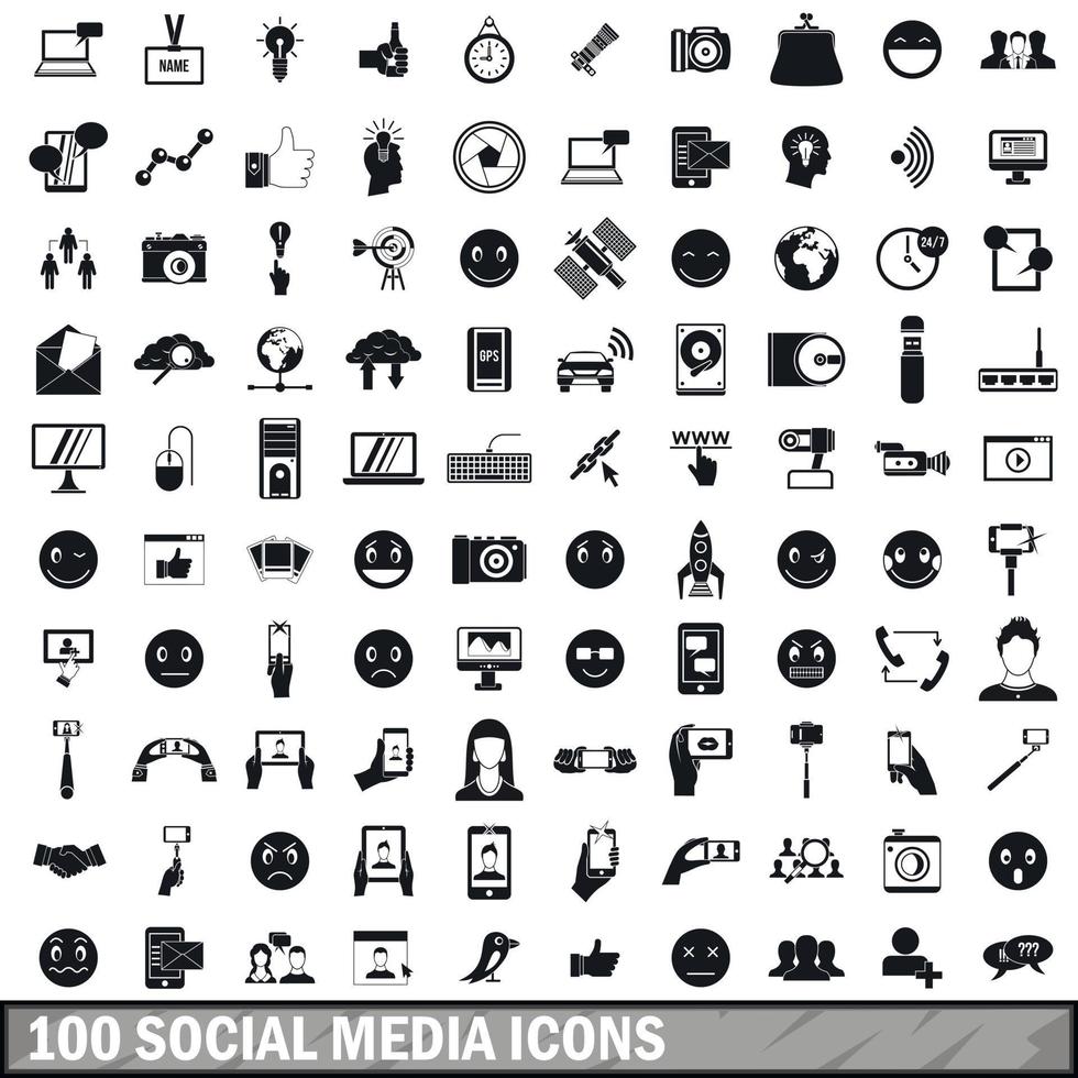 100 icônes de médias sociaux définies dans un style simple vecteur