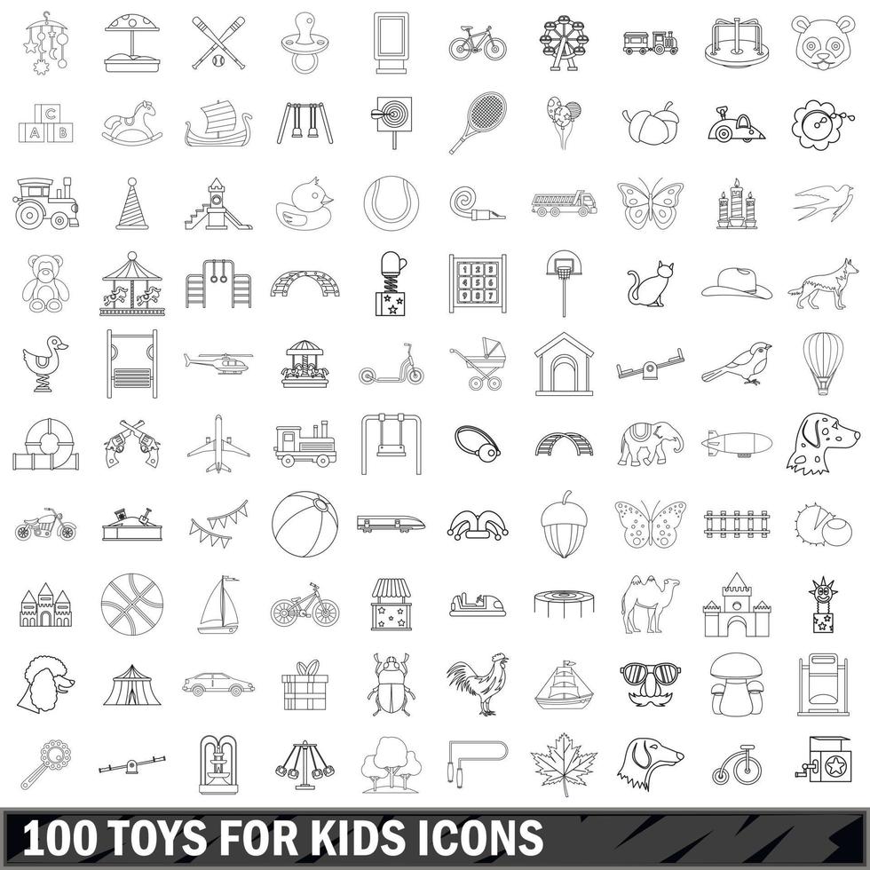 100 jouets pour jeu d'icônes pour enfants, style de contour vecteur