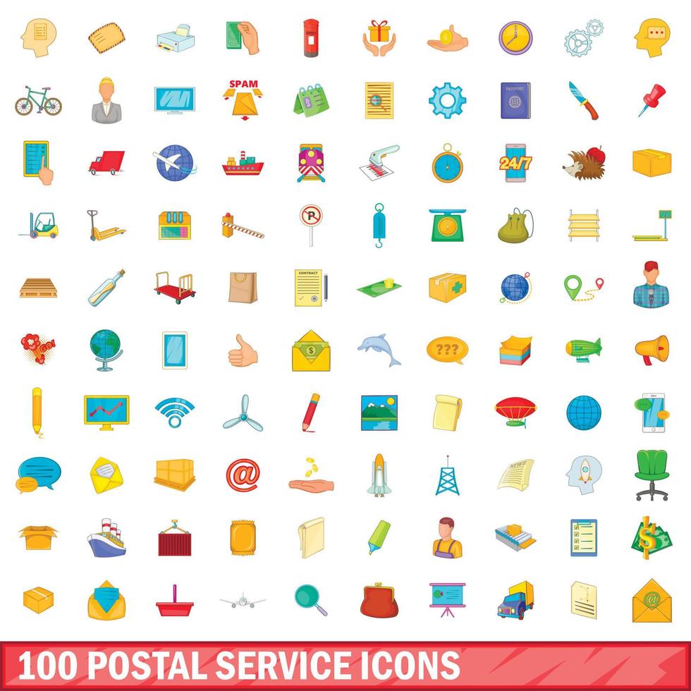 Ensemble de 100 icônes de service postal, style dessin animé vecteur