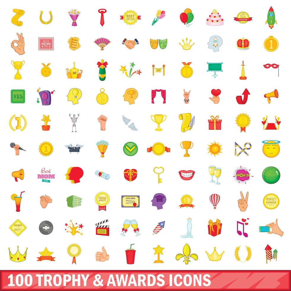 Ensemble de 100 trophées et récompenses, style cartoon vecteur