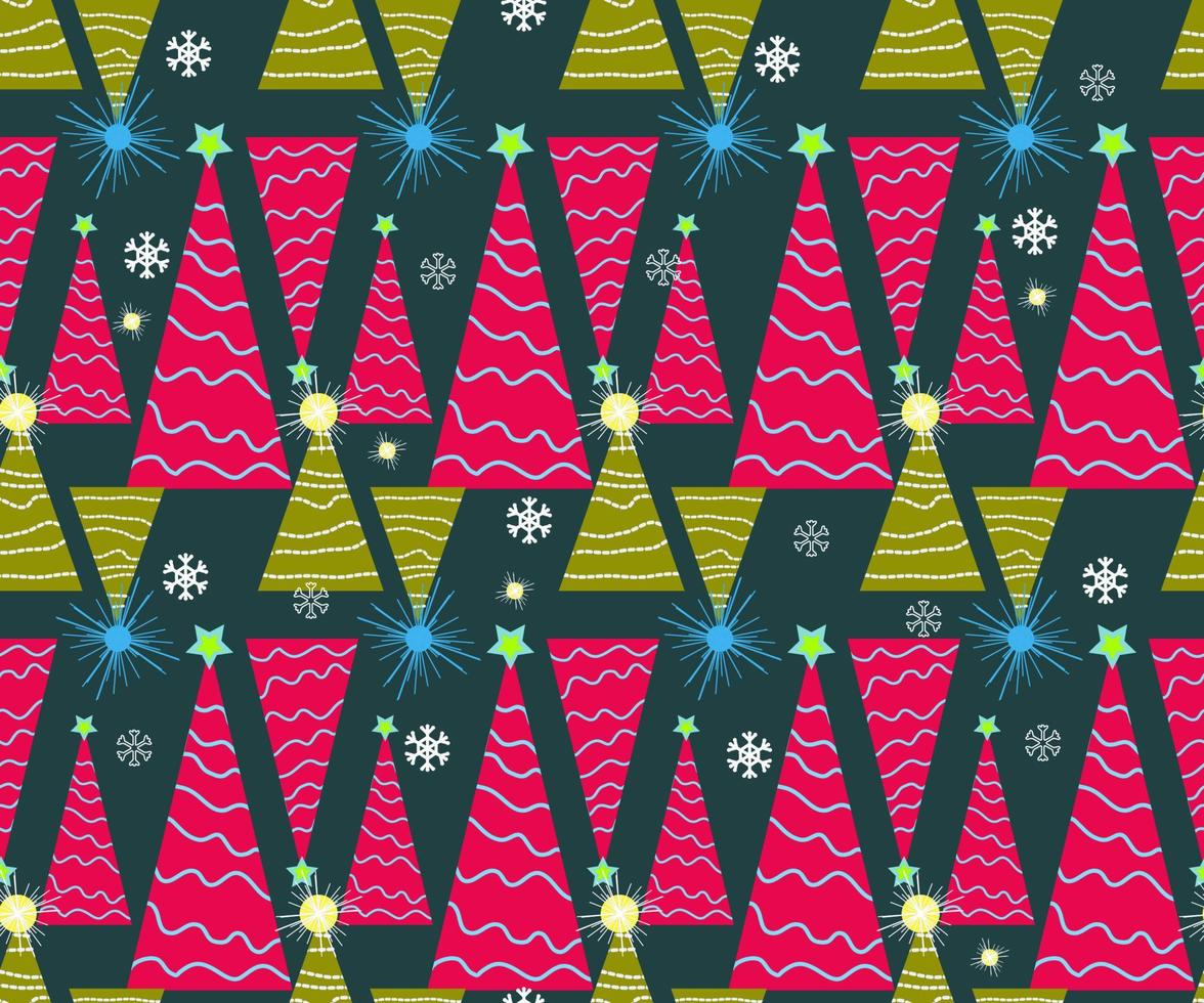 modèle sans couture de Noël. joli arrière-plan vectoriel festif avec décorations de noël vintage, arbre de noël stylisé, illuminations pour votre décoration d'hiver de vacances.
