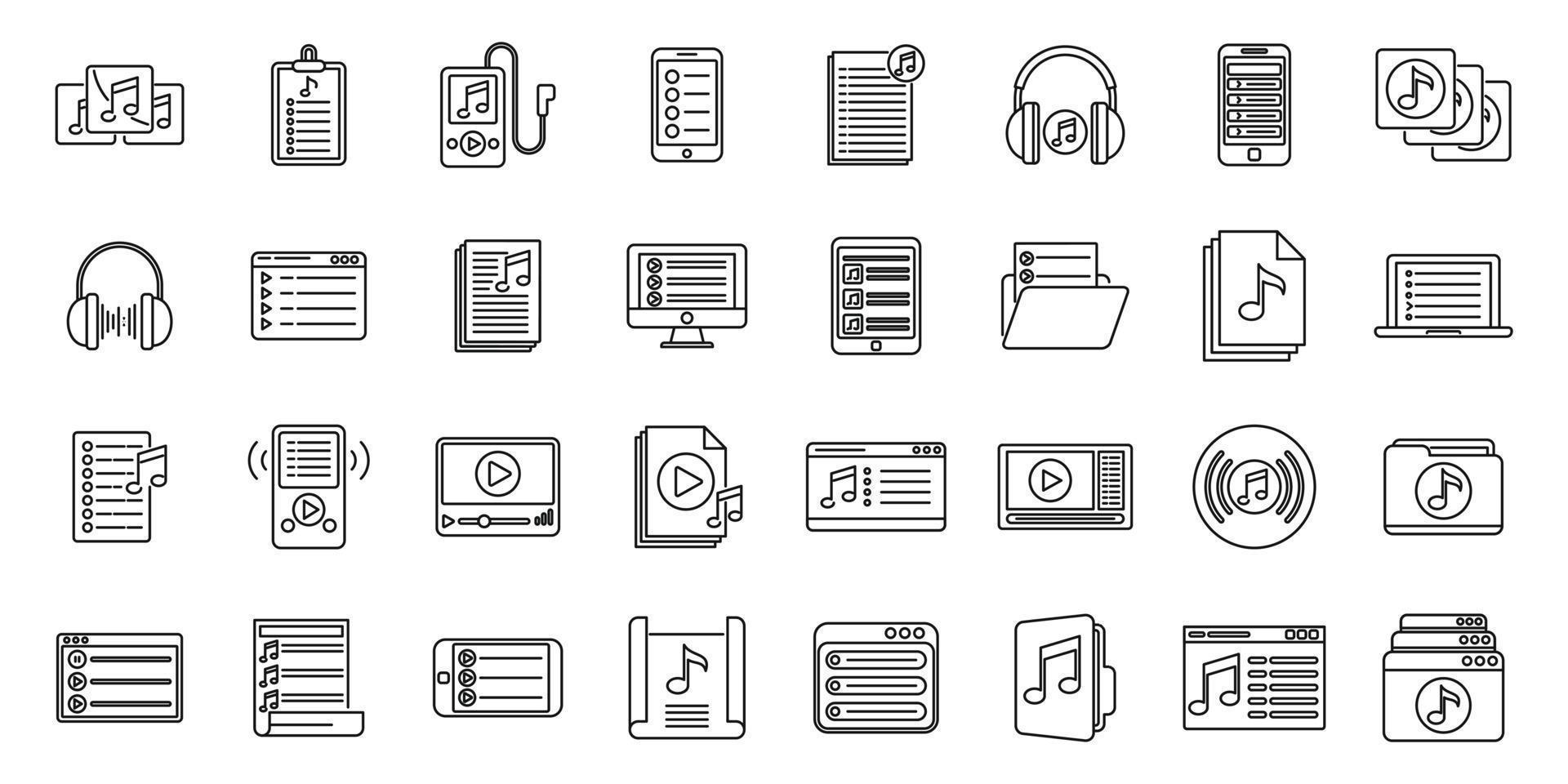 les icônes de la liste de lecture d'écoute définissent le vecteur de contour. groupe de musique