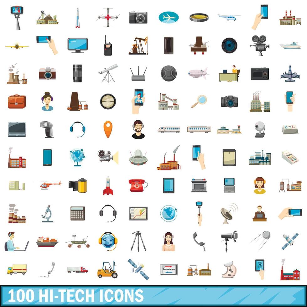 Ensemble de 100 icônes de haute technologie, style cartoon vecteur