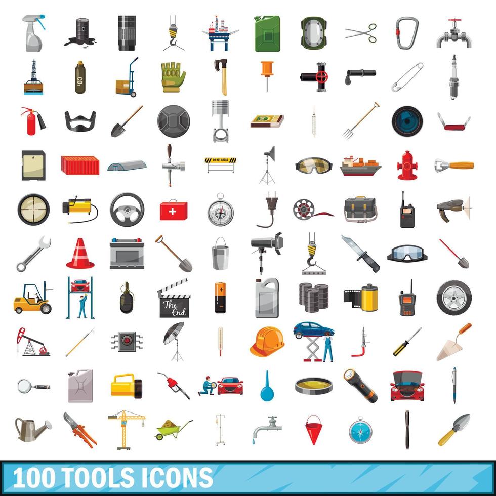 Ensemble d'icônes d'entreprise 100 outils, style cartoon vecteur