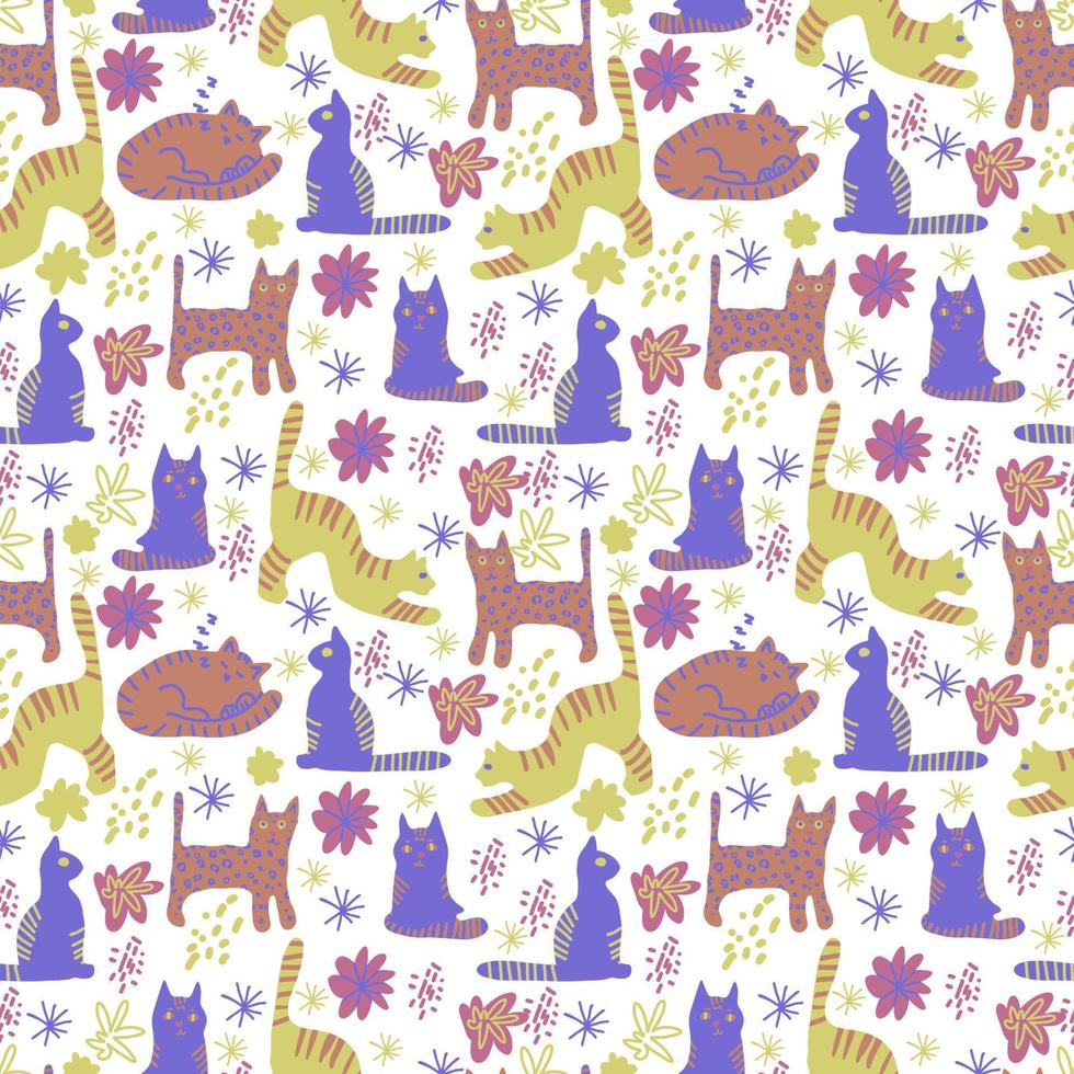 modèle sans couture de vecteur. chats mignons et formes plates colorées abstraites de doodle, traits, taches, lignes, rayures, fleurs. vecteur