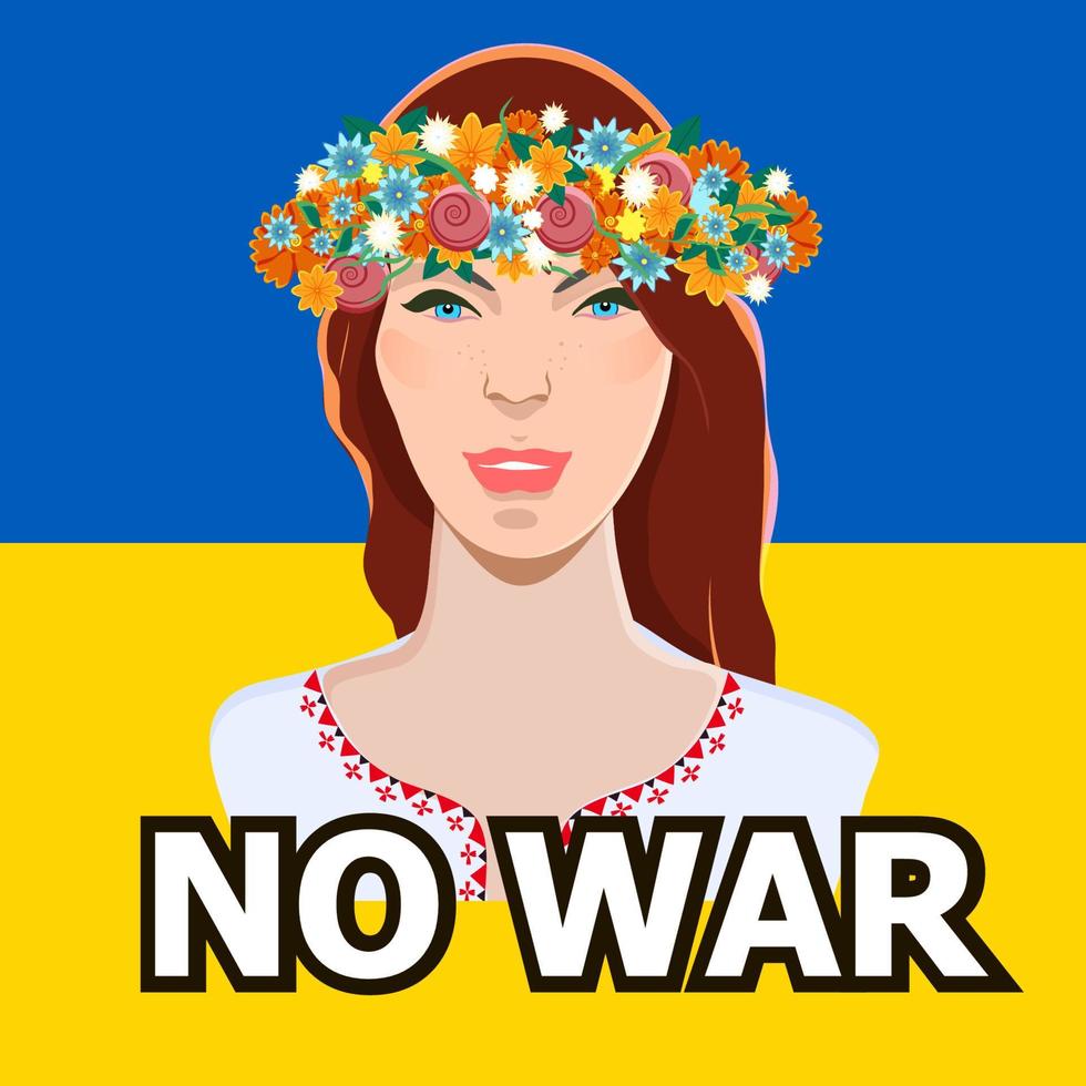 fille ukrainienne avec une couronne sur la tête de fleurs jaunes et bleues sur le fond du drapeau ukrainien. texte pas de guerre rester avec le concept de l'ukraine. soutien à l'ukraine. illustration vectorielle. vecteur