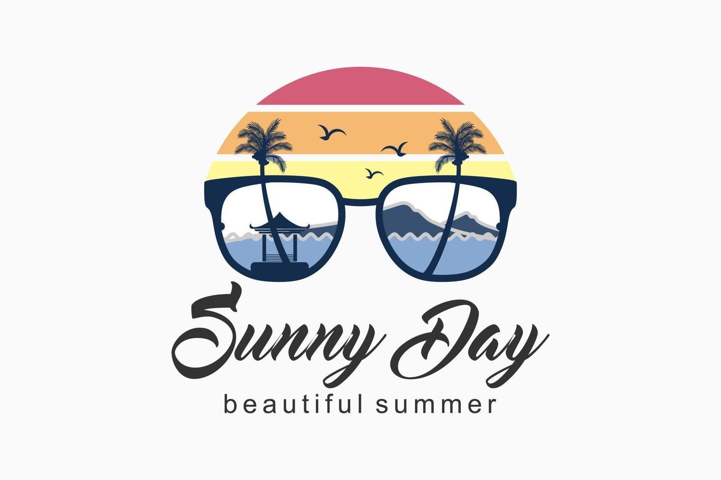 logo d'été avec concept d'illustration de vue sur l'océan, lunettes combinées avec la nature vecteur