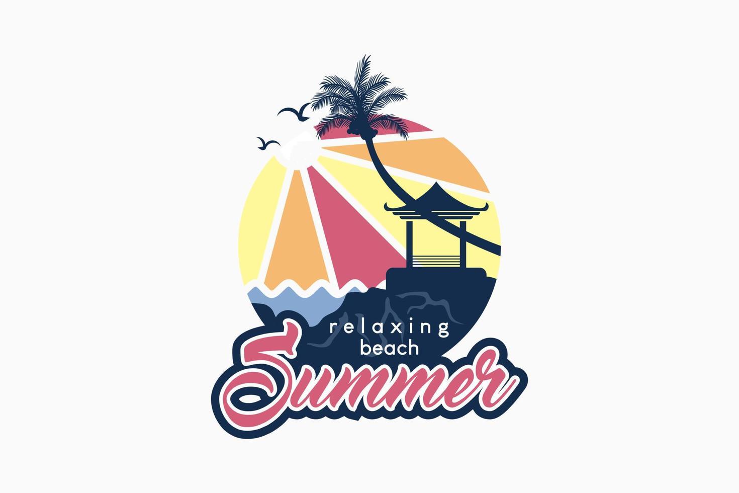 logo d'été avec belvédère et concept de silhouette de cocotier dans l'illustration colorée de l'océan et du soleil vecteur