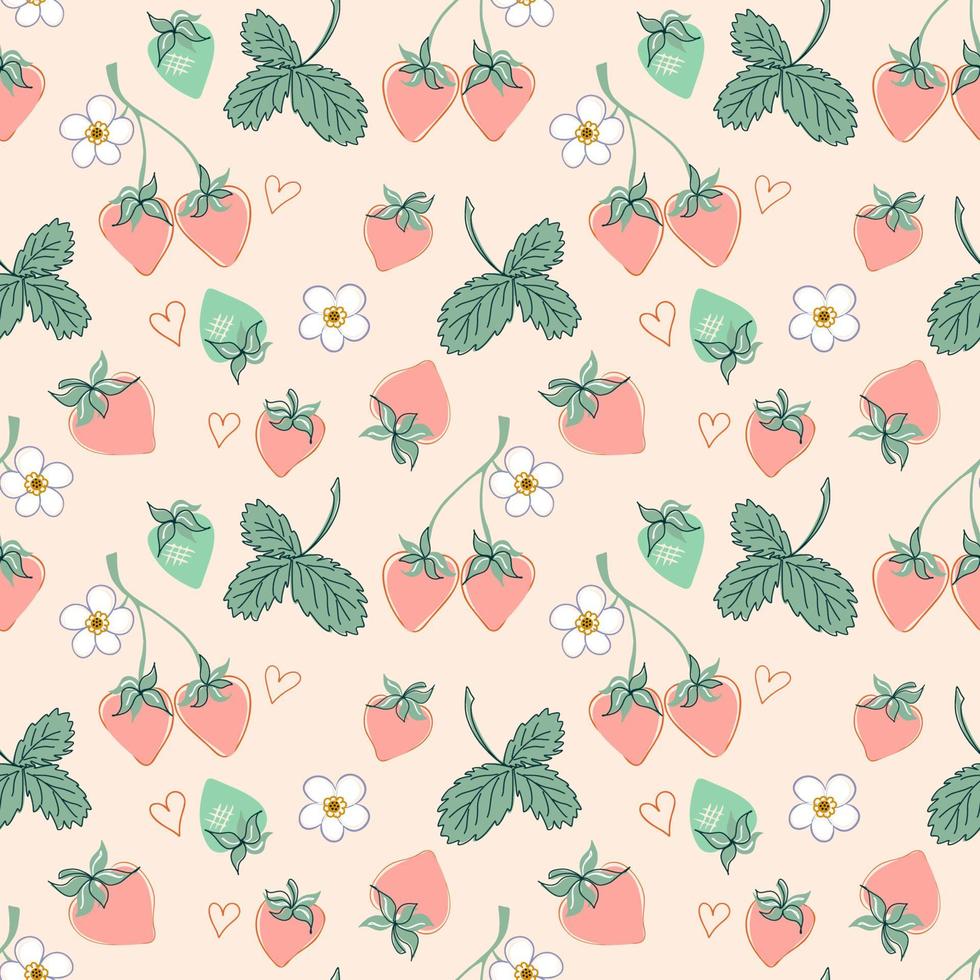 modèle sans couture de fraise sucrée dans un style simple dessiné à la main. baies roses, feuilles vertes, fleurs blanches sur fond clair. illustration vectorielle numérique pour textiles, emballage, bannière de vente d'été. vecteur