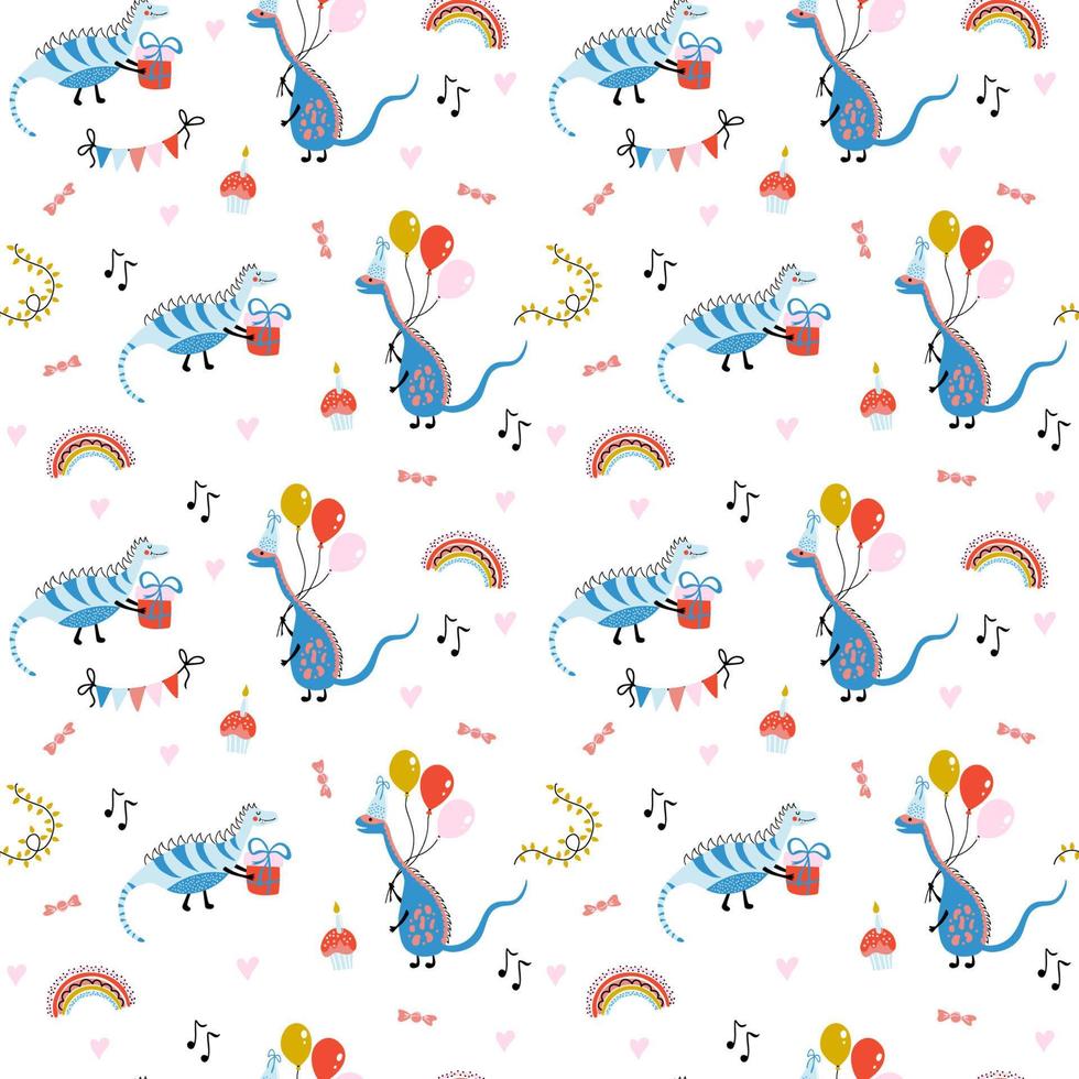 joli motif vectoriel harmonieux de dinosaures, cadeaux, ballons, cupcakes, arcs-en-ciel sur fond blanc. illustration colorée dans un style simple dessin animé dessiné à la main pour la fête d'anniversaire des enfants et la douche de bébé