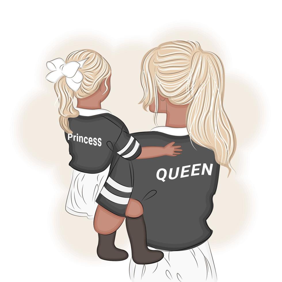 mère et fille dans une étreinte, t-shirt avec le mot reine et princesse sur le dos, cool, impression d'illustration vectorielle vecteur