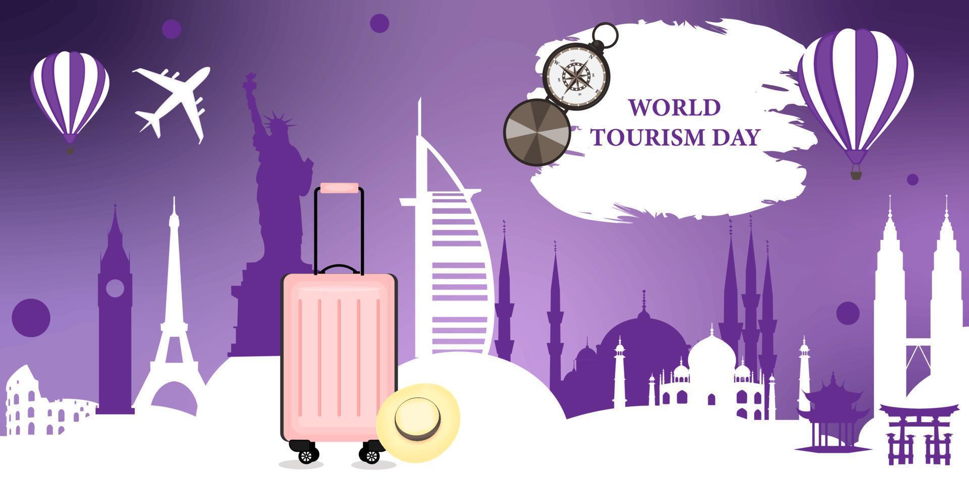 journée mondiale du tourisme, valise, chapeau, boussole, avion, ballon, monuments, architecture, illustration plate de mode, bannière vecteur