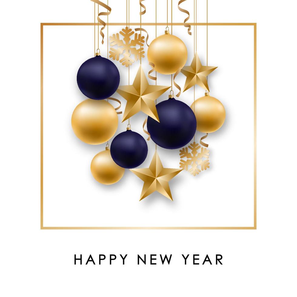 conception de bonne année avec des boules dorées et bleues brillantes, de la serpentine et des confettis. illustration vectorielle réaliste. vecteur