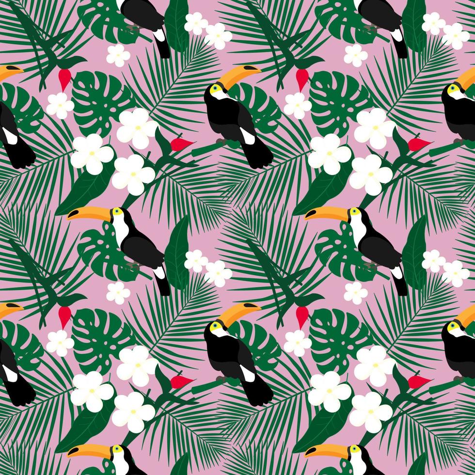 motif tropical lumineux sans couture avec toucan et feuilles tropicales. texture de la jungle. parfait pour les fonds d'écran, les remplissages de motifs, les arrière-plans de pages Web, les textures de surface, le textile. illustration vectorielle. vecteur