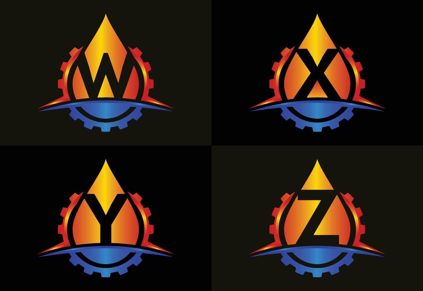 alphabet monogramme wxyz initial avec engrenage swoosh et huile. concept de logo de pétrole et de gaz. emblème de la police vecteur