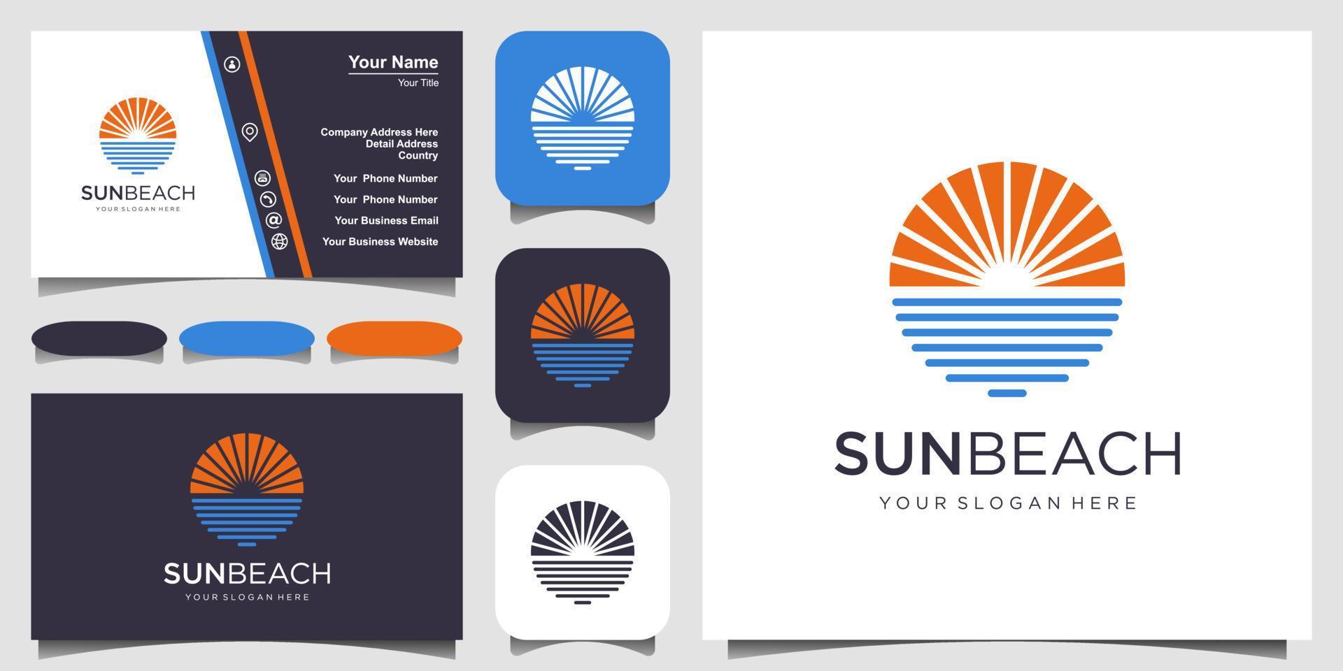 modèle de conception de logo de vague de soleil océanique et conception de carte de visite vecteur