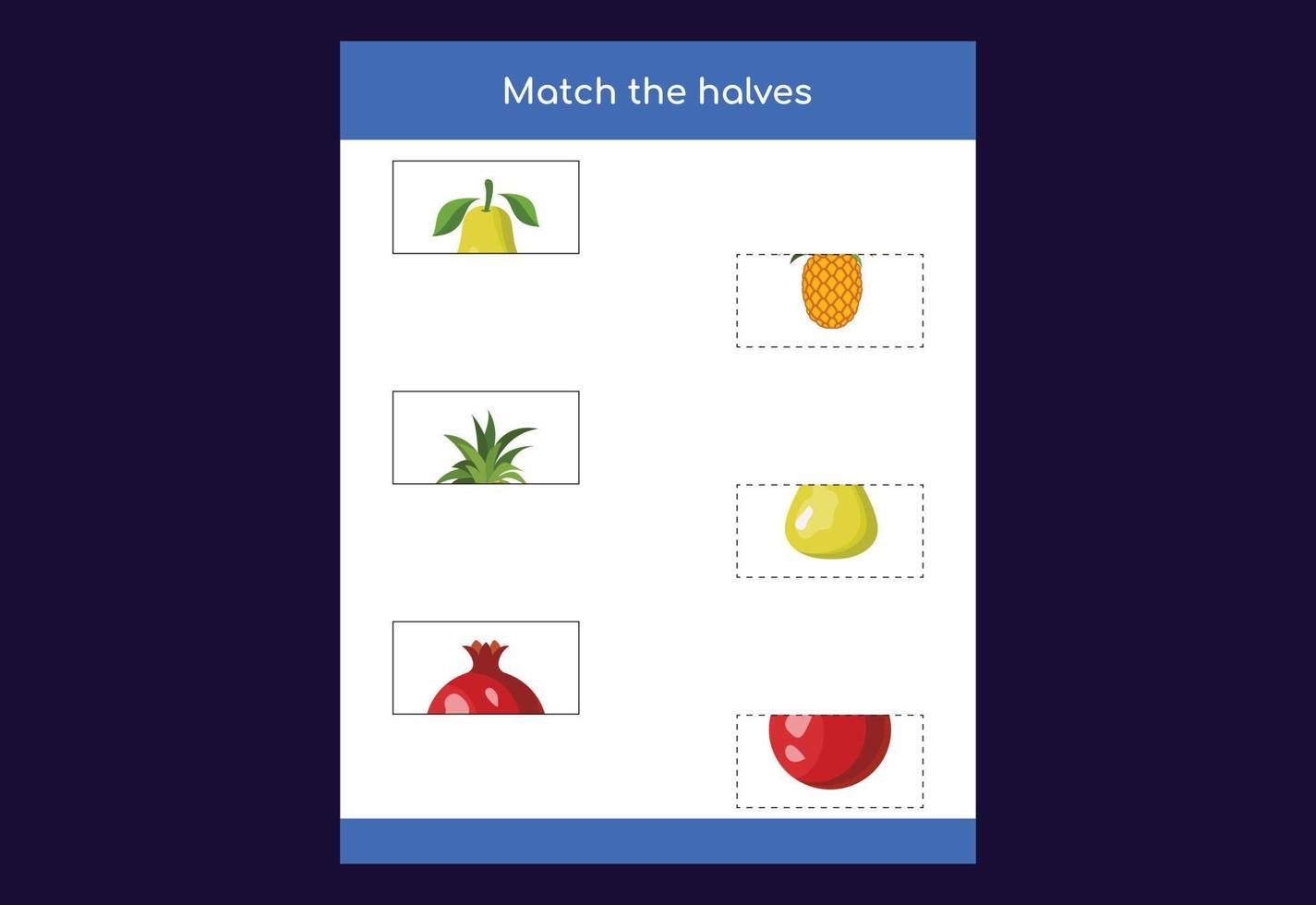 jeu de correspondance. assortir les moitiés de fruits. jeu éducatif pour enfants, feuille de calcul imprimable vecteur