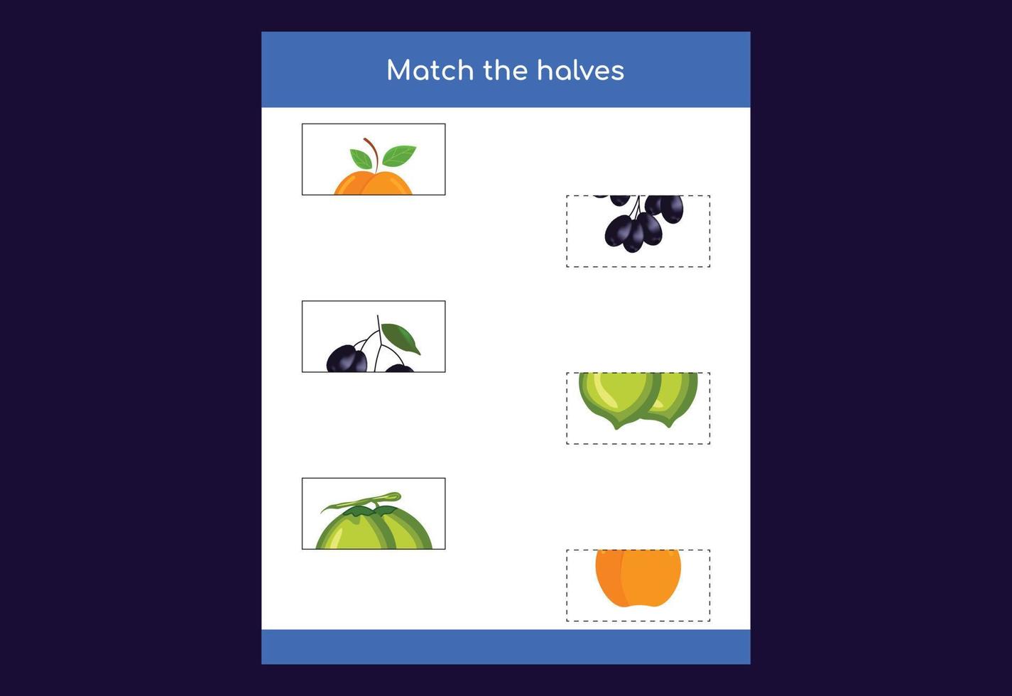 jeu de correspondance. assortir les moitiés de fruits. jeu éducatif pour enfants, feuille de calcul imprimable vecteur