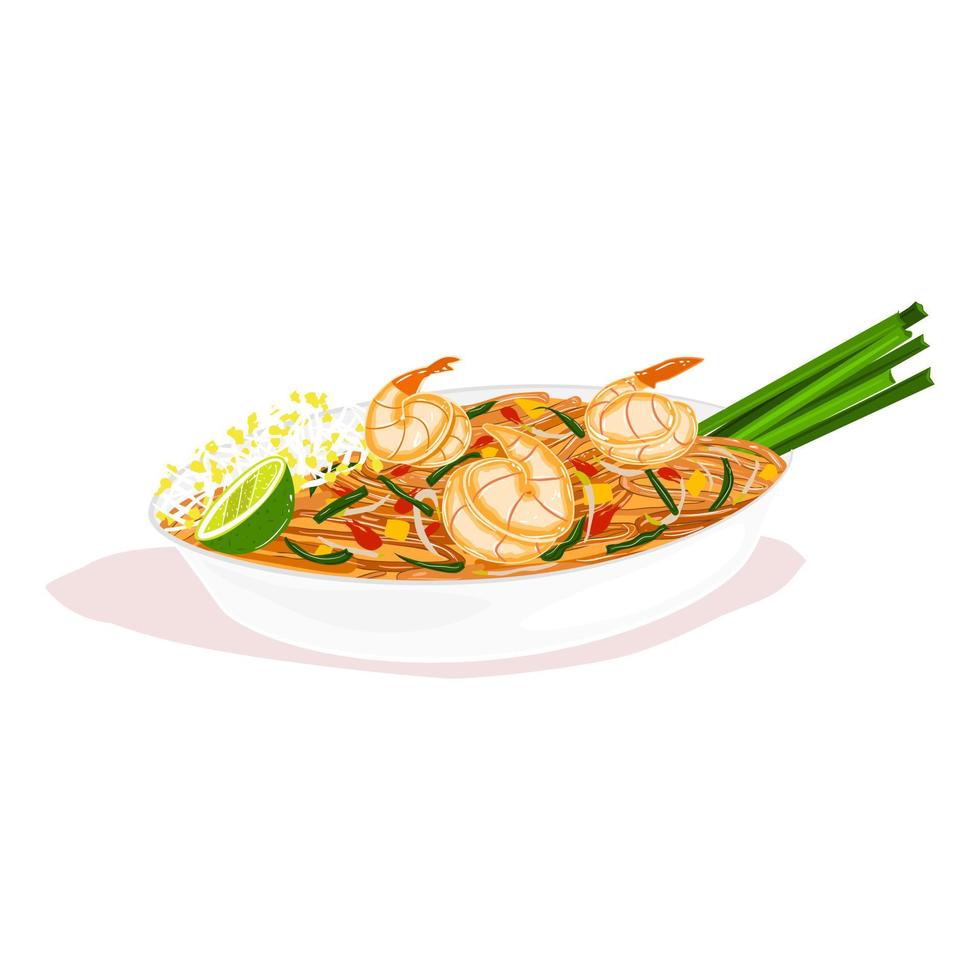 pad thaï aux crevettes. nourriture thaï. l'alimentation de rue. illustration vectorielle. vecteur