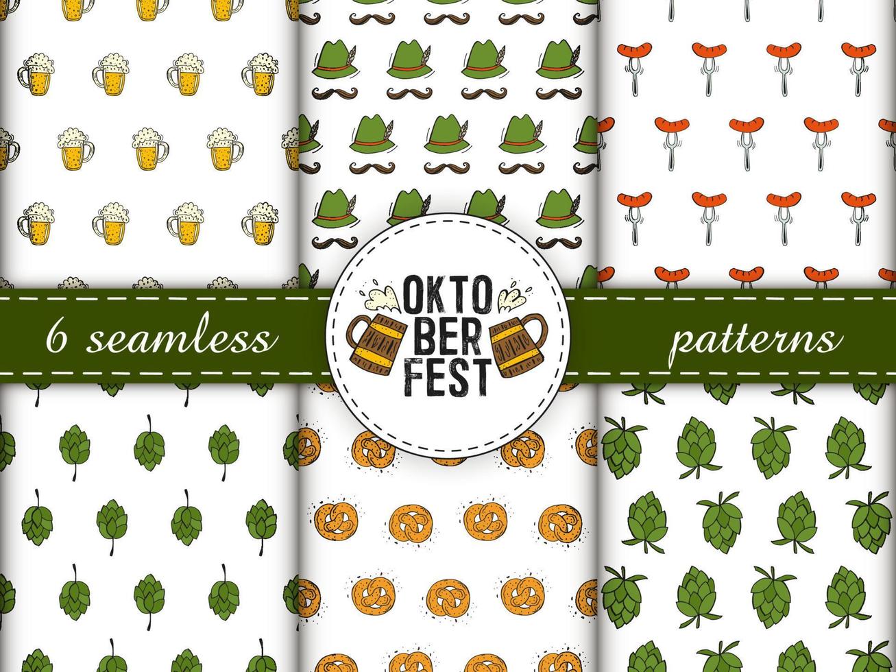 ensemble de modèles sans couture. oktoberfest 2022 - fête de la bière. éléments de griffonnage dessinés à la main. fête traditionnelle allemande. motifs de couleur avec un logo rond, des chopes à bière et du texte. vecteur