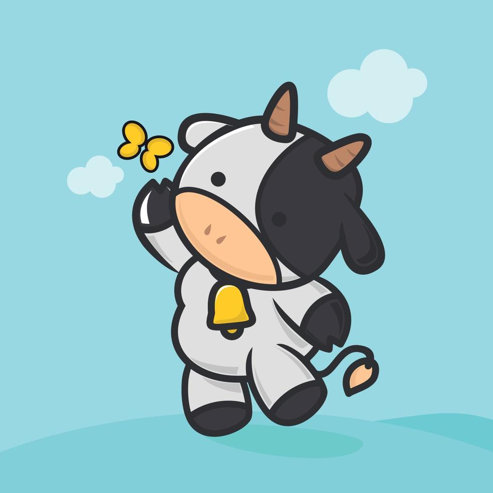 illustration d'une jolie vache jouant avec un papillon vecteur