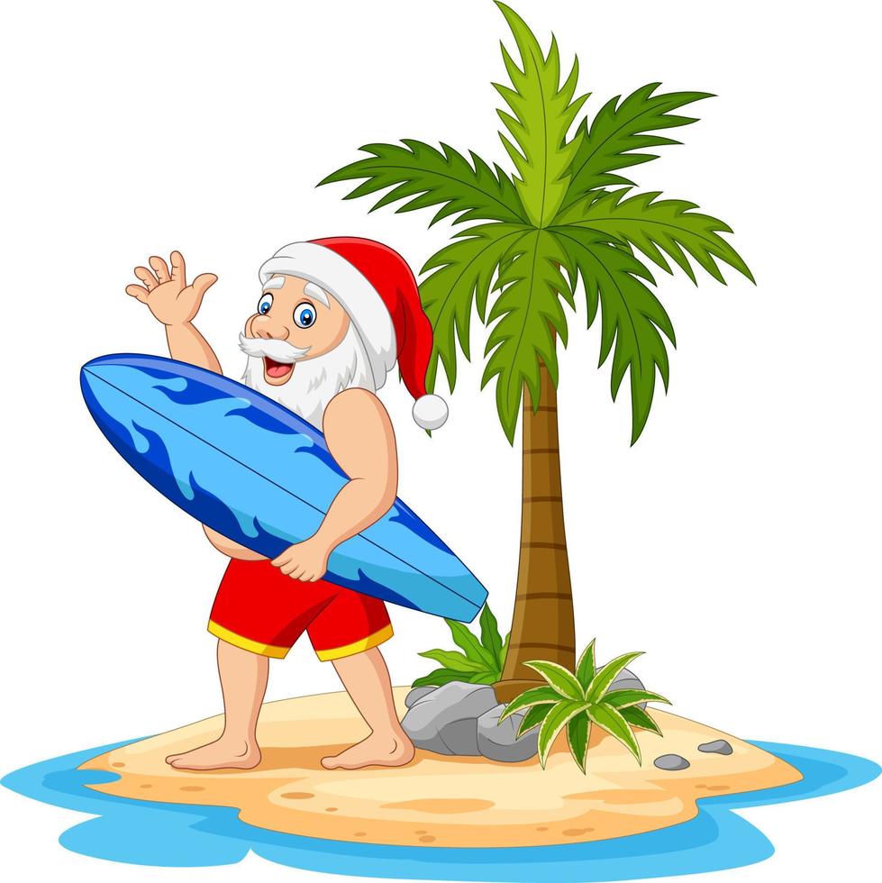 dessin animé père noël avec planche de surf dans l'île tropicale vecteur
