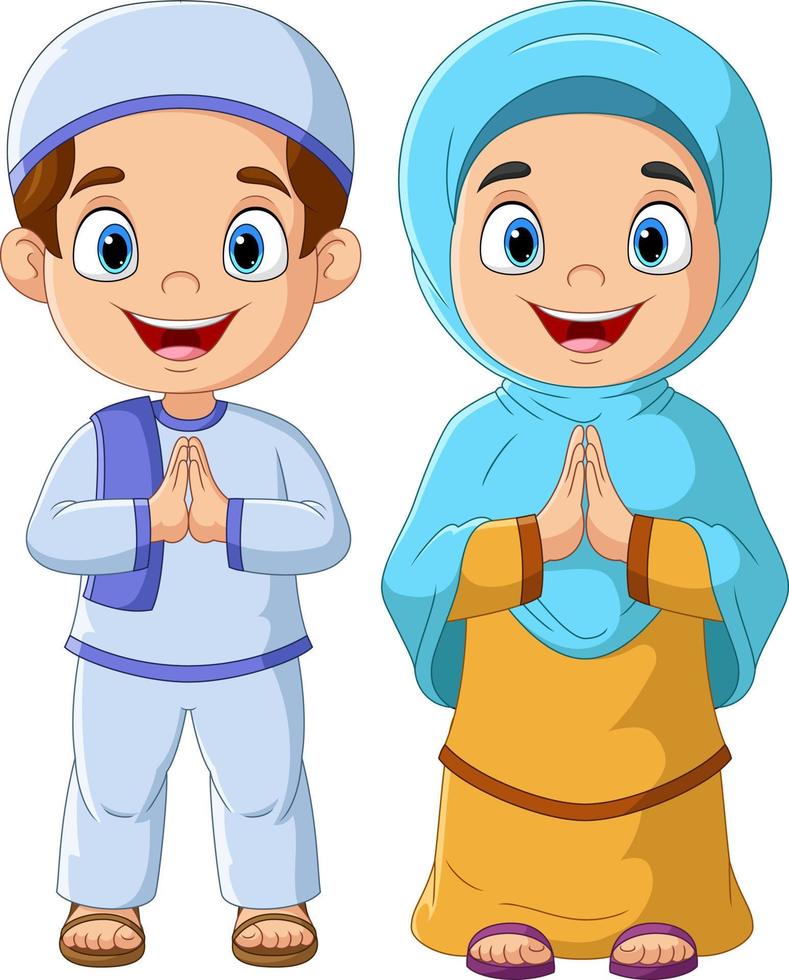 heureux, musulman, garçon fille, dessin animé vecteur
