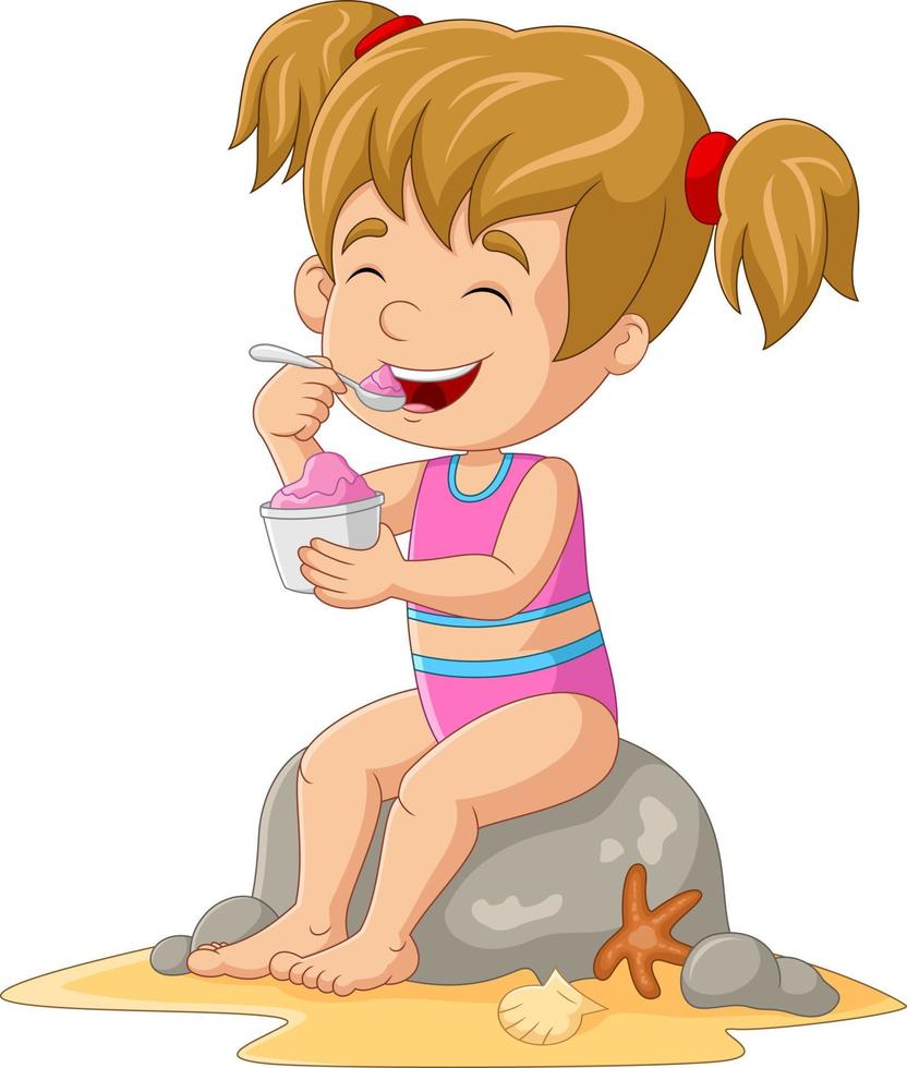 dessin animé petite fille s'asseoir et manger une glace vecteur