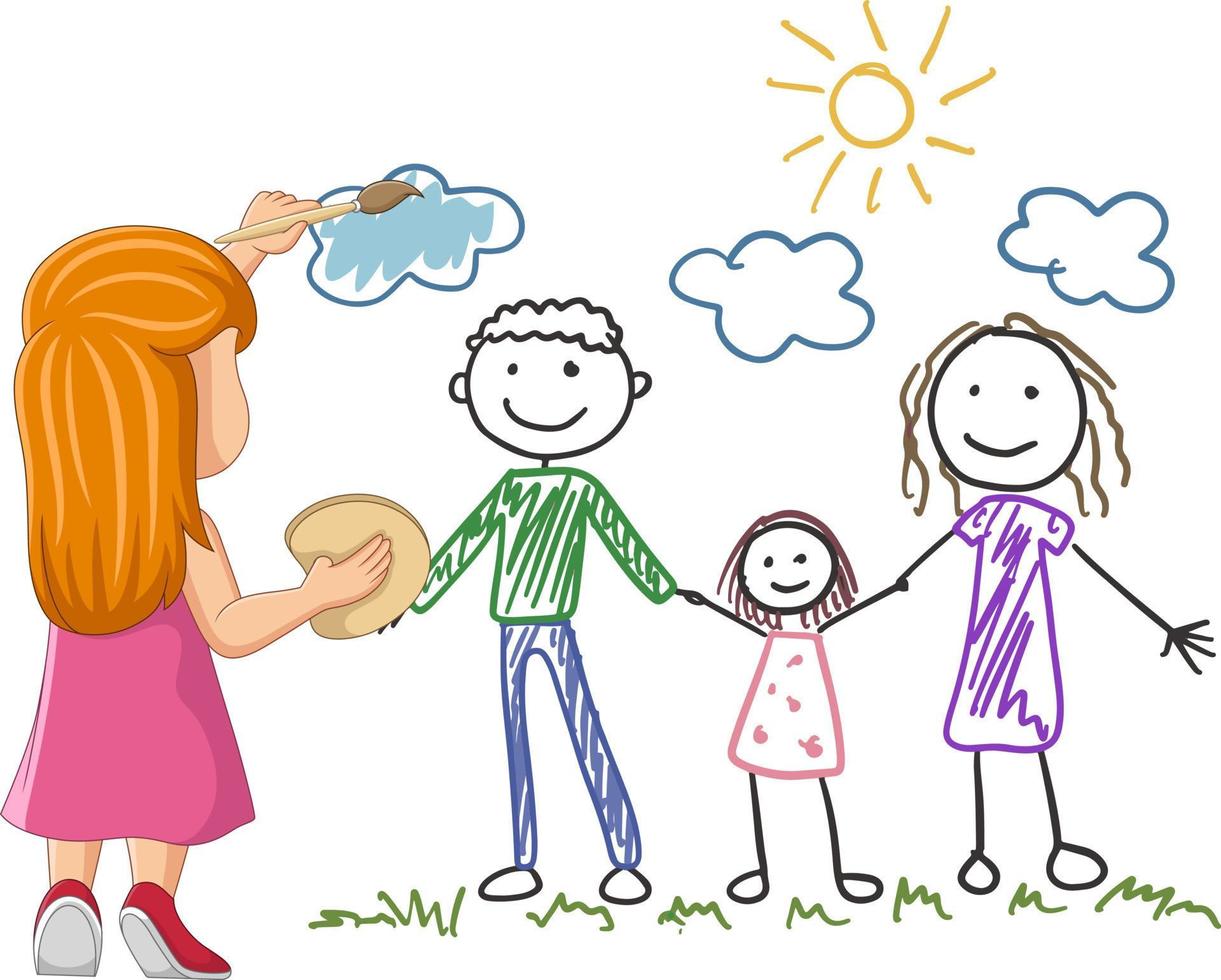 dessin animé petite fille debout et dessine la famille sur le mur vecteur