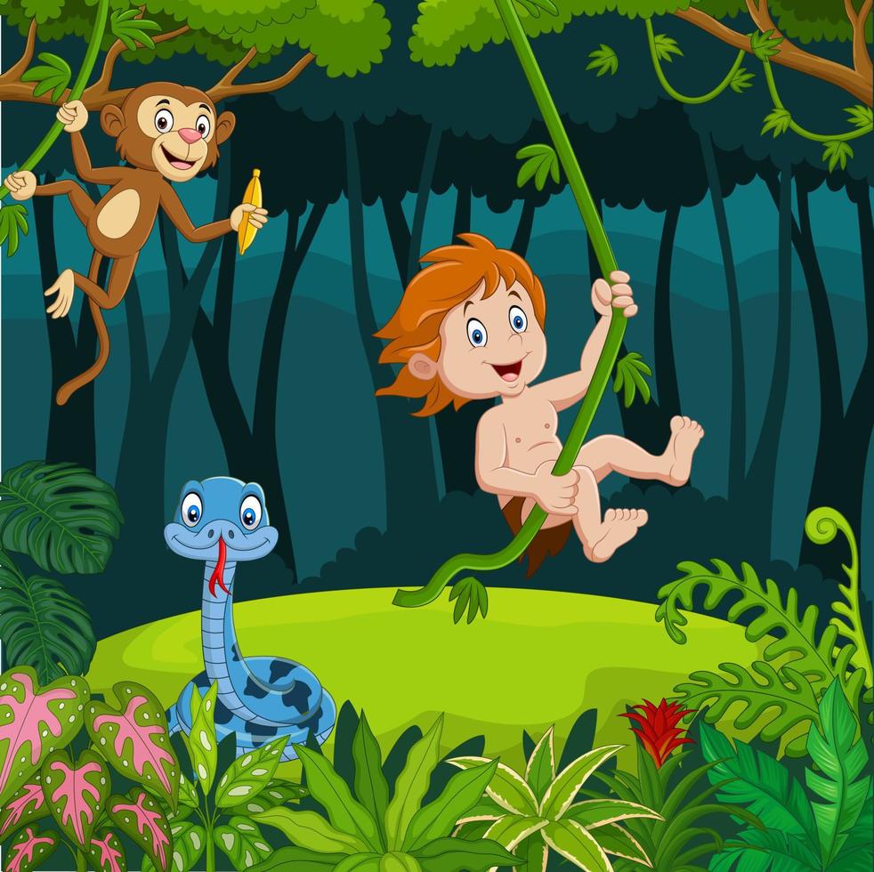 dessin animé tarzan avec des animaux dans la jungle vecteur