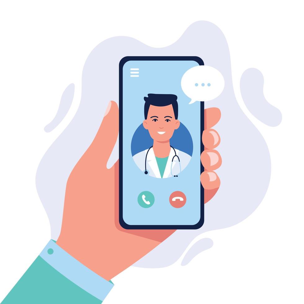 main humaine tenant un smartphone avec appel vidéo au personnage de l'homme médecin à l'écran, à l'aide de conseils ou de consultations mobiles vecteur