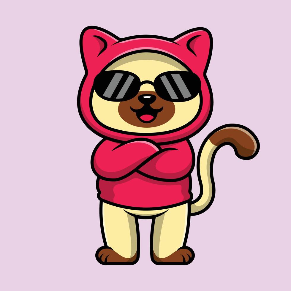 mignon chat cool portant des lunettes et illustration d'icône de vecteur de dessin animé à capuche. concept d'icône de mode animale isolé vecteur premium