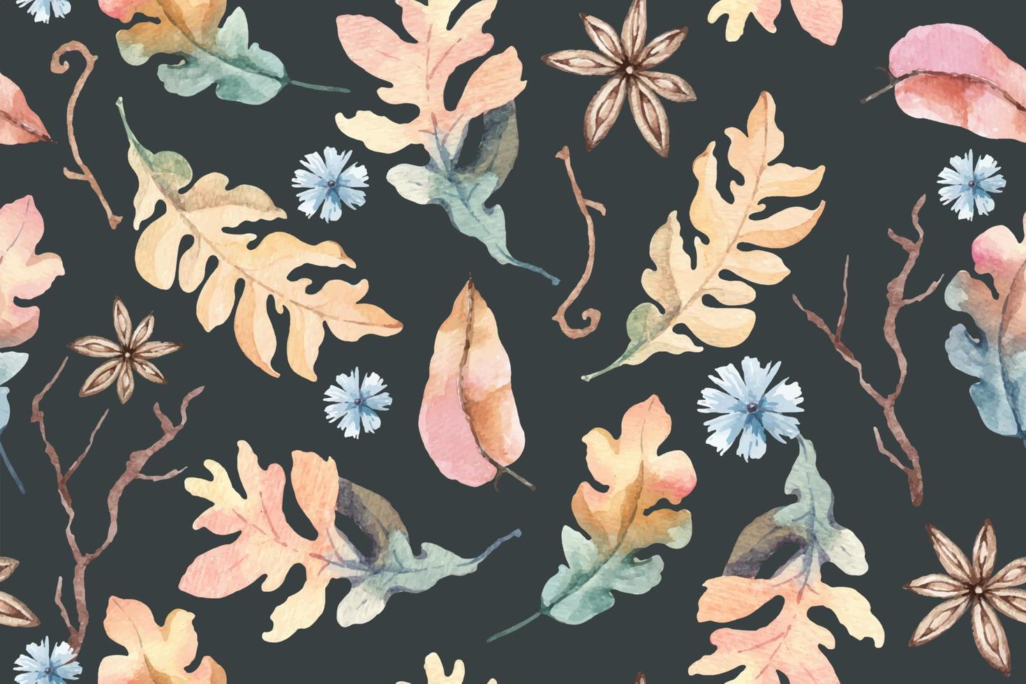 motif harmonieux de feuilles d'automne et de plantes tropicales fleuries peintes à l'aquarelle. pour les motifs de tissus et de papiers peints de la forêt. vecteur