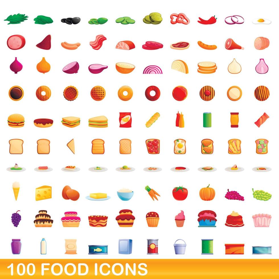 Ensemble de 100 icônes alimentaires, style dessin animé vecteur
